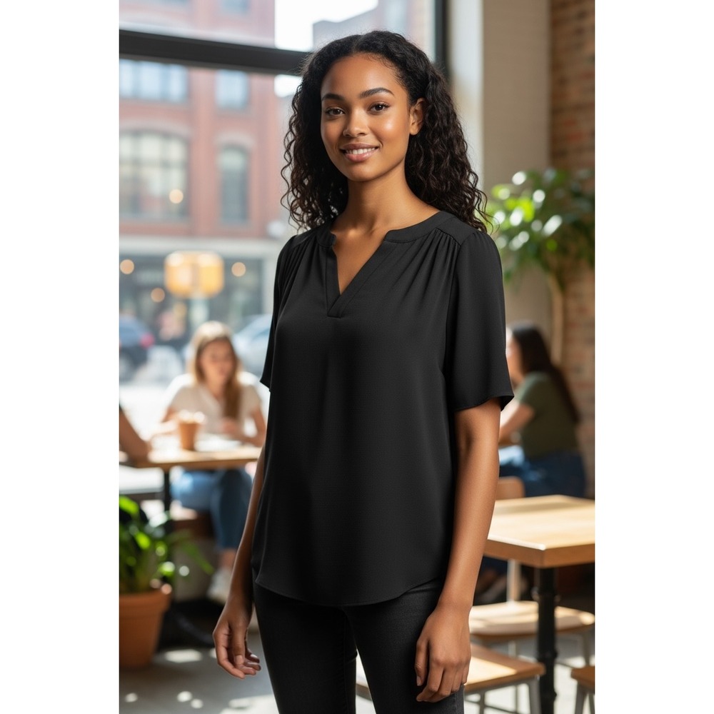 Andree By Unit Black Blouse Top Women's Size Small Short Sleeve V Neck Casual